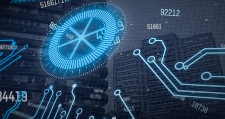 Vector image of glowing blue circular pattern with numbers and lines