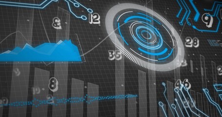 Multiple exposure of graphs and numbers with bowing circle, copy space