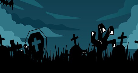 Illustration of spooky cemetery against sky at night, copy space
