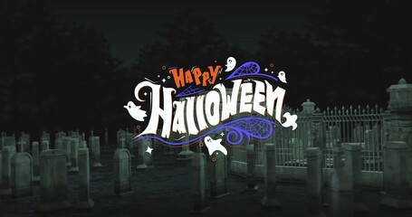 Digital composite image of vector ghosts with happy halloween text in cemetery at night