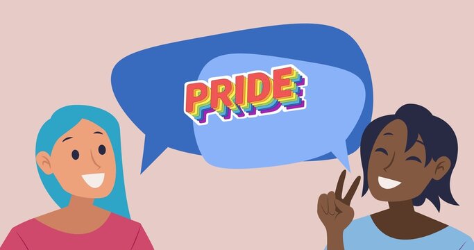 Digitally generated image of pride text in speech bubble amidst smiling lesbian couple
