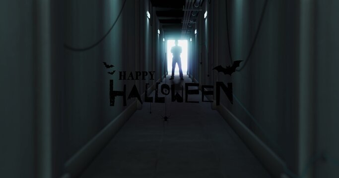 Digital composite image of silhouette man standing in corridor with happy halloween text