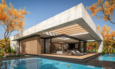 3d rendering of new concrete house in modern style with pool and parking for sale or rent and beautiful landscaping on background. The house has only one floor Clear sunny autumn day with golden leavs