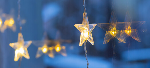 Closes up of LED light star chain, Christmas background