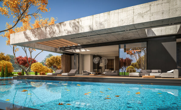 3d rendering of new concrete house in modern style with pool and parking for sale or rent and beautiful landscaping on background. The house has only one floor Clear sunny autumn day with golden leavs