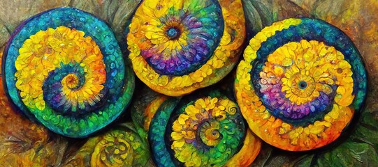 Abstract mother of pearl flowers in flamboyant rainbow colors, fabulous abalone ammonite shell spirals and swirls - a collection of art for the eccentric.  