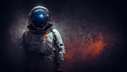 Astronaut on rock surface with space background ,astronaut walk on the moon wear cosmosuit. future concept, Astronaut on foreign planet in front of spacetime, 3d render, Raster illustration.