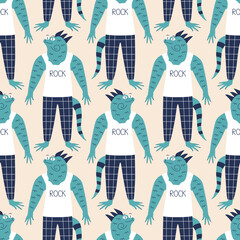 Funny iguana rocker in a white T-shirt "ROCK" and plaid pants hand drawn vector illustration. Cute animal character in clothes seamless pattern for kids fabric or wallpaper.