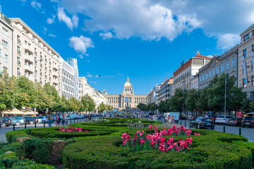 Prague, Czech Republic - August 16, 2022 : Wenceslas Square view in Prague City 
