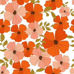 Fototapeta na wymiar Beautiful vector floral seamless pattern with pink and red abstract flowers. Stock illustration.