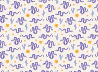 Seamless pattern of viper snake with saguaro cactus and sun. Desert animals and plants. Sahara. Flat vector illustration isolated on beige background.