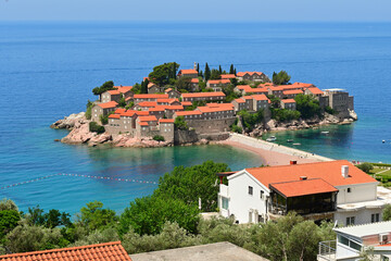 Sveti Stefan, Montenegro. Old historical town and luxury resort on the island. Montenegro, Europe