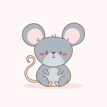 Vector cute grey mouse illustration. Kawaii chubby rat perfect for logo and cards