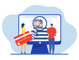 Criminal hacker holding friends mask for hacking on laptop computer screen stealing money; cyber crime; theft of personal data; password; credit card flat vector illustration.