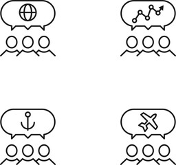 Monochrome elements perfect for adverts, stores, design etc. Editable stroke. Vector line icon set with symbols of globe, progress, anchor, plane inside of speech bubble by users