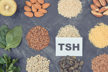 Inscription TSH with fruits, vegetables and other ingredients as beneficial eating for thyroid gland