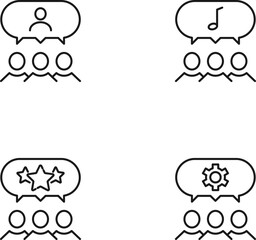 Monochrome elements perfect for adverts, stores, design etc. Editable stroke. Vector line icon set with symbols of user, musical note, star, gear inside of speech bubble by users