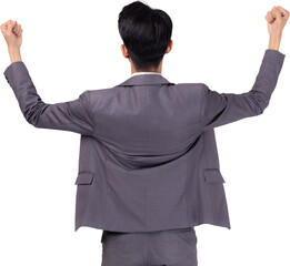 Portrait businessman in suit standing with win success isolated png transparent file, young asian...