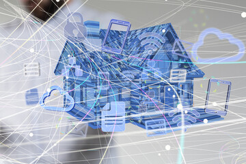 home iot - Neural network 3D illustration. Big data and cybersecurity