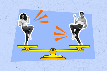 Gender equality win concept collage of two people lady guy weighing scales isolated on painted color background