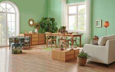 Green living room and wall background concept, wooden furniture, table, chair vase of plant and brown parquet style.