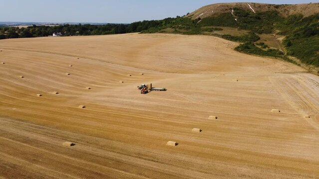 British Agricultural and Harvesting Fields Farms at Sunset Time. High Angle Footage taken with drone's camera on a hot summer day of England. Agricultural Farms and Working Machines at Dunstable Downs