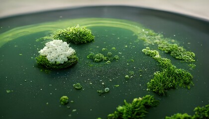 3D Illustration of Green algae with a creamy texture and a green bubble inside the bowl