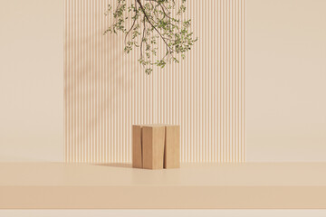 3D render wooden podium, showcase with shadows on pastel background with glass wall, tropical leaves of plants. Stage showcase on pedestal display beige studio, exhibitions, presentation of products
