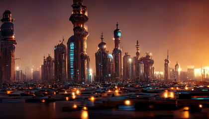 Fototapeta na wymiar Night Arabic futuristic fantasy neon city. Eastern city panorama, night view of the city, Eastern architecture. 3D illustration.