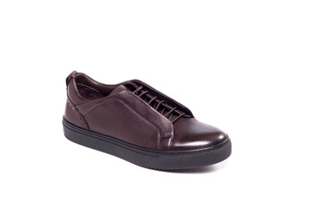 men shoe isolated, laced, brown, leather. isolated on white background.