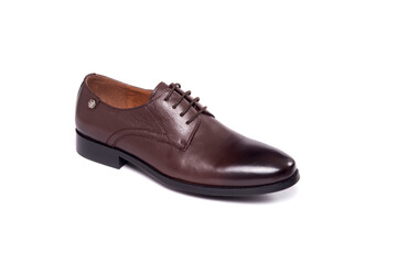 men shoe isolated, laced, brown, leather. isolated on white background.