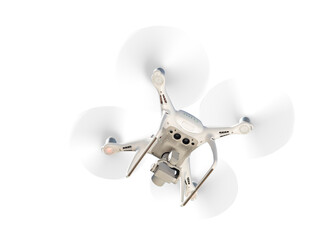 White Drone Isolated Rear and Below View In Flight. Transparent PNG.