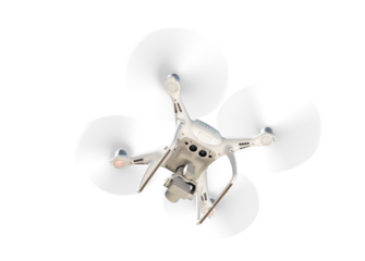 White Drone Isolated Rear and Below View In Flight. Transparent PNG.
