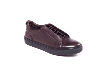 men shoe isolated, laced, brown, leather. isolated on white background.
