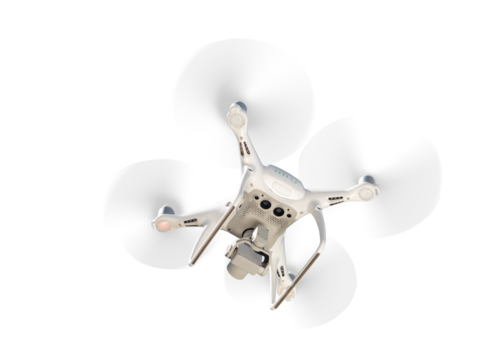 White Drone Isolated Rear and Below View In Flight. Transparent PNG.