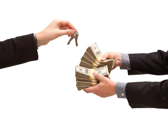 Transparent PNG of Man Handing Over Stack of Money for Set of Keys from Woman.