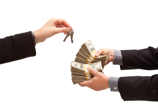 Transparent PNG of Man Handing Over Stack of Money for Set of Keys from Woman.