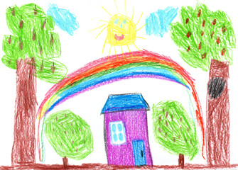 Child drawing of a family house. Pencil art in childish style