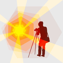 A photographer stands towards the sun with a tripod and camera. A vector training template on the techniques of taking photos against the sun. Camera settings and techniques.