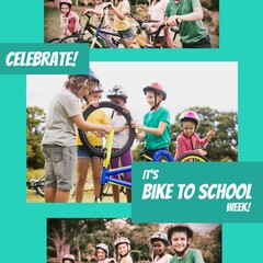 Digital image of multiracial children with bicycles, celebrate it's bike to school week text