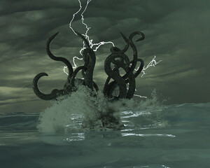 3d illustration of a Giant Squid or Kraken rising out of the ocean during a storm