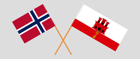 Crossed flags of Norway and Gibraltar. Official colors. Correct proportion