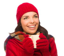 Transparent PNG of Mixed Race Woman Wearing Mittens Holds Mug Looks to Side on White.