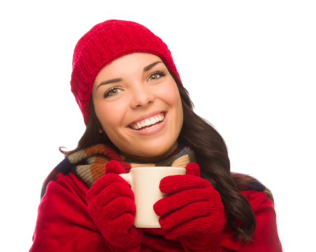 Transparent PNG of Mixed Race Woman Wearing Winter Hat and Gloves Holds Mug.