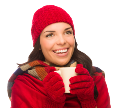 Transparent PNG of Mixed Race Woman Wearing Mittens Holds Mug Looks to Side on White. - Powered by Adobe