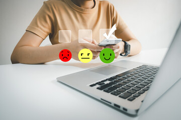 Customer satisfaction very good service with smart phone, impression of take care and attention, choose a smiley face icon, answer the survey, give the highest score, very happy feedback from guest.