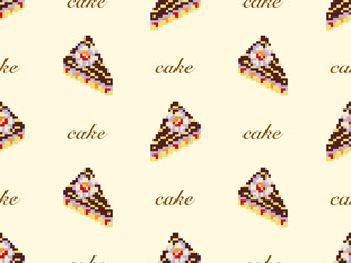 Cake cartoon character seamless pattern on yellow background. Pixel style