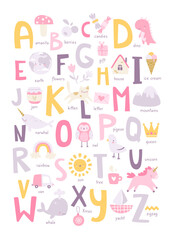 Cute girly english alphabet for kids with naive doodle pictures. Abc learning cartoon poster for nursery wall.