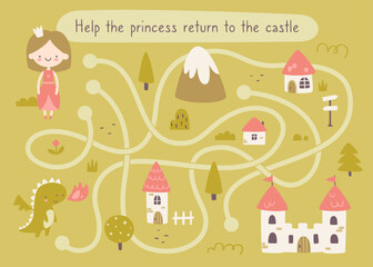Fairy tale mini labyrinth game for baby girls. Fantasy village maze with princess for kids.