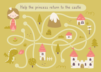 Fairy tale mini labyrinth game for baby girls. Fantasy village maze with princess for kids. © Sonium_art